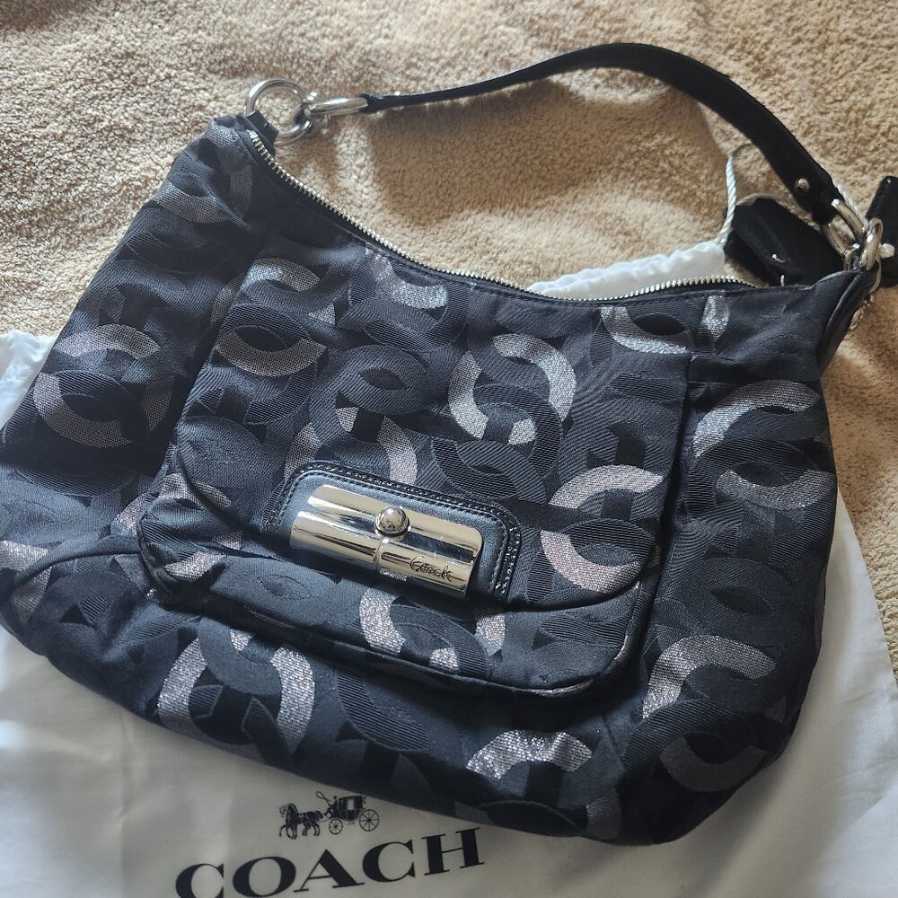 Coach Black and Gray, Hobo Shoulder Bag with Signature Pattern